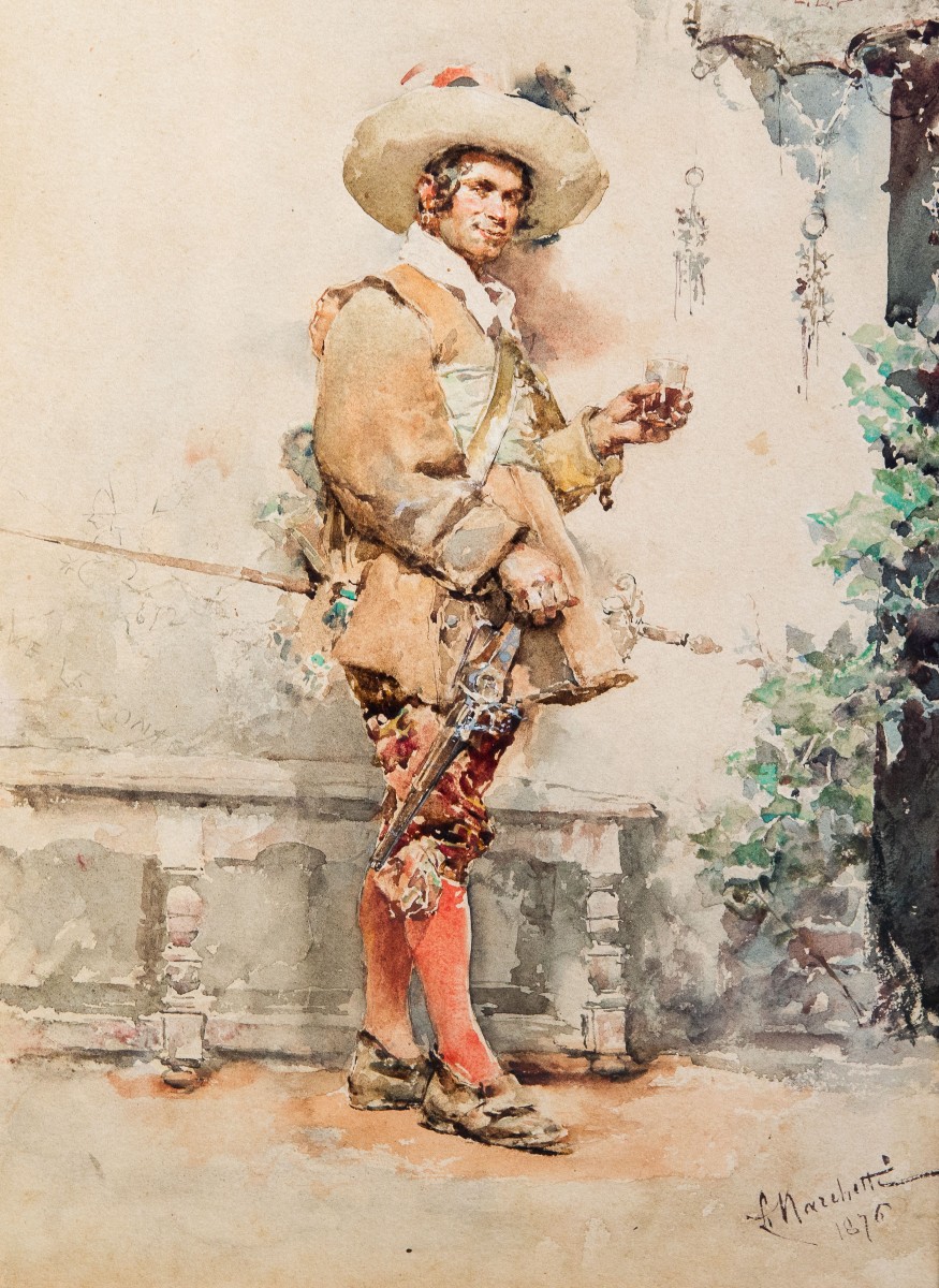 Ludovico Marchetti, "Ritratto di spadaccino", acquerello su carta, firmato, 1876