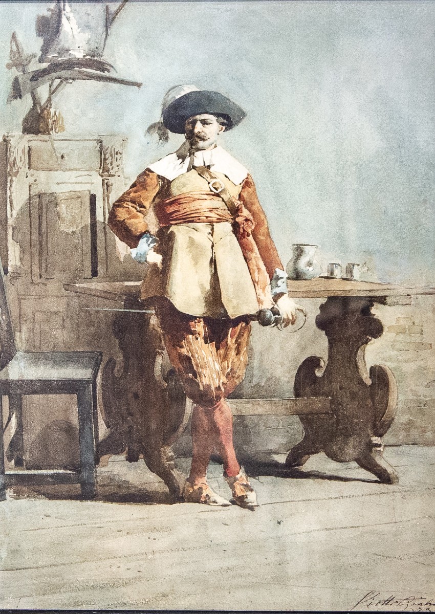 Giulio Viotti, "Gentiluomo", acquerello su carta, firmato, 1873