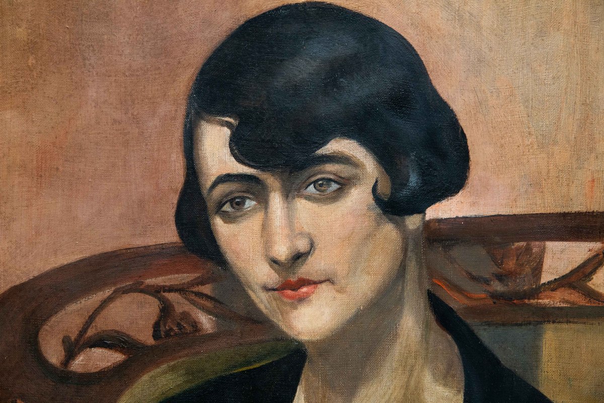 Ritratto femmilnile, olio su tela, firmato, Anni '30/'40-photo-3