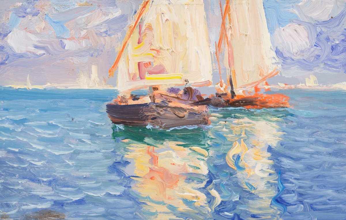 Fausto Pratella, olio su tavoletta, "Scene Marine", firmati, Primi del '900-photo-2
