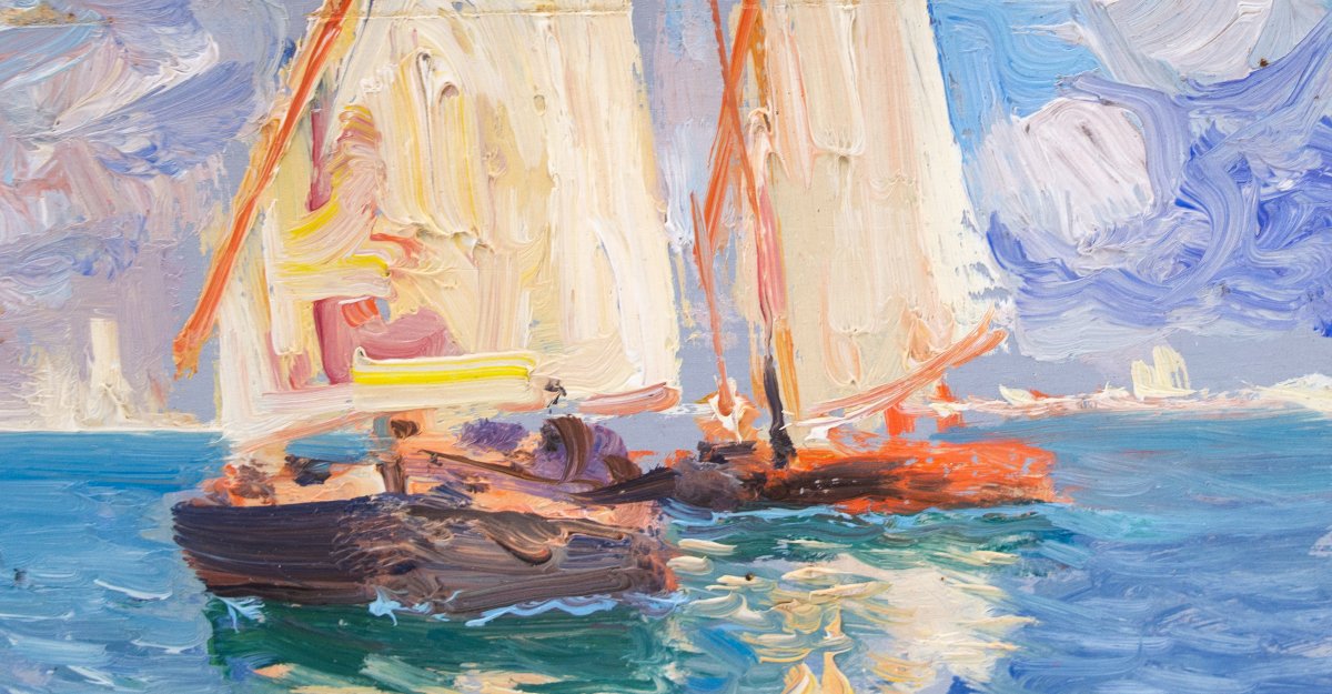 Fausto Pratella, olio su tavoletta, "Scene Marine", firmati, Primi del '900-photo-2