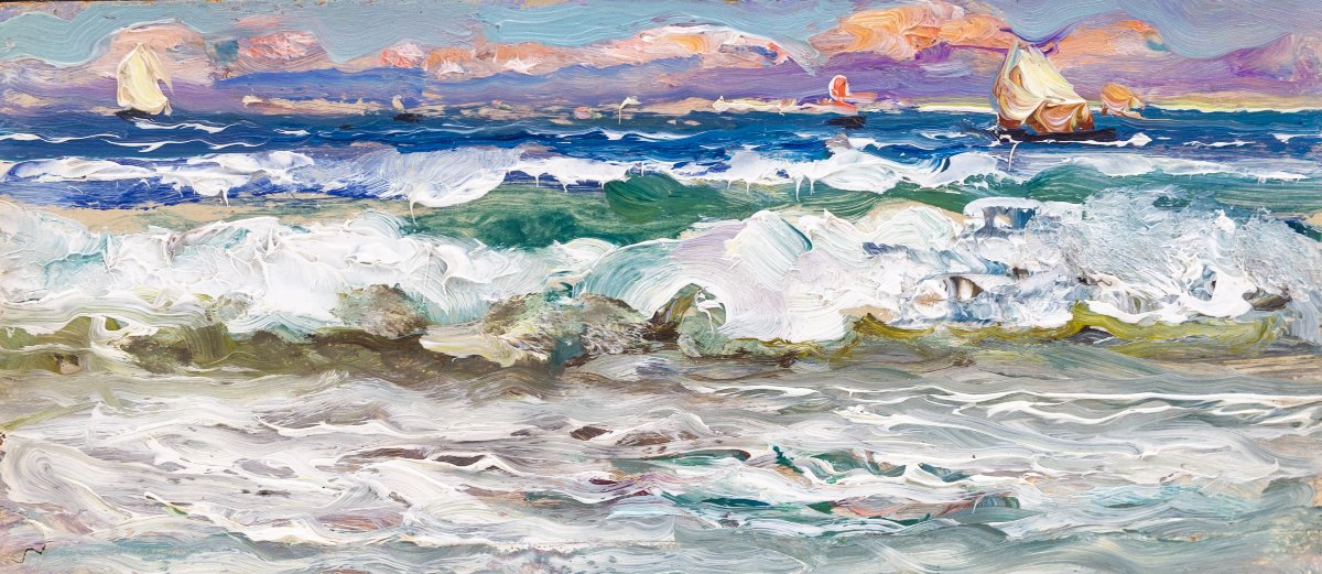Fausto Pratella, olio su tavoletta, "Scene Marine", firmati, Primi del '900-photo-8