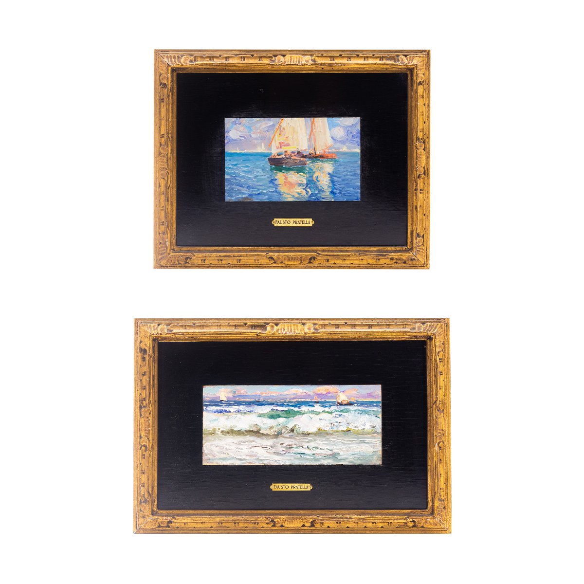 Fausto Pratella, olio su tavoletta, "Scene Marine", firmati, Primi del '900