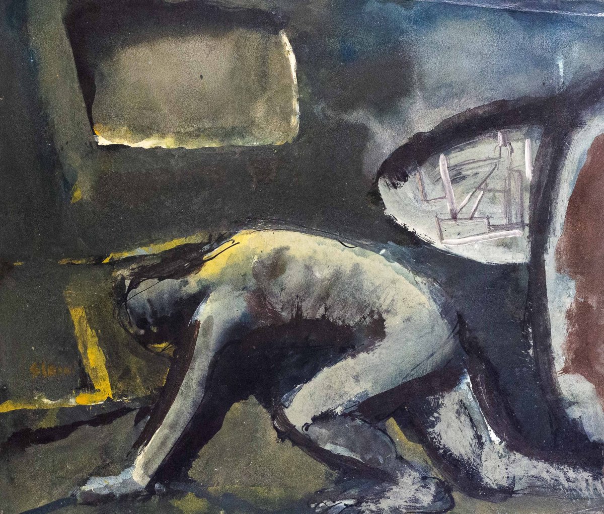 Mario Sironi, "Composizione con figura", tempera china e matita, firmato, 1948/1952 circa-photo-2