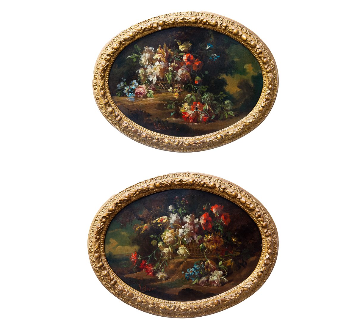 Francesco Bosso, "Coppia di nature morte floreali", olio su cartone, Epoca '900