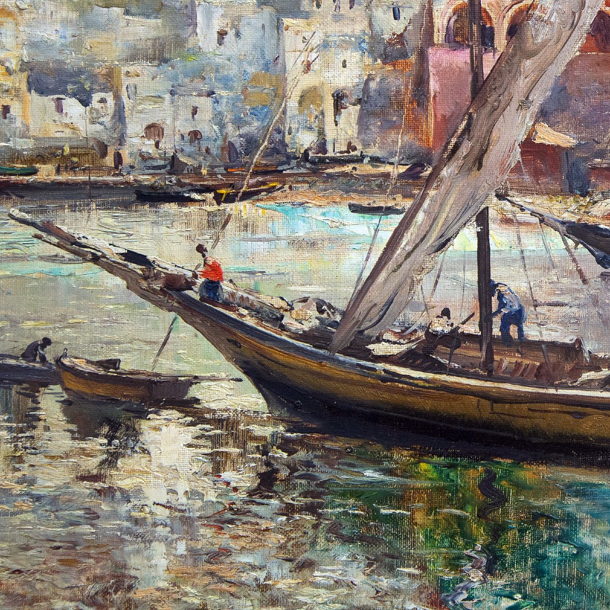 Guido Odierna, "Porto di Capri" olio su tela, firmato, Epoca '900-photo-1