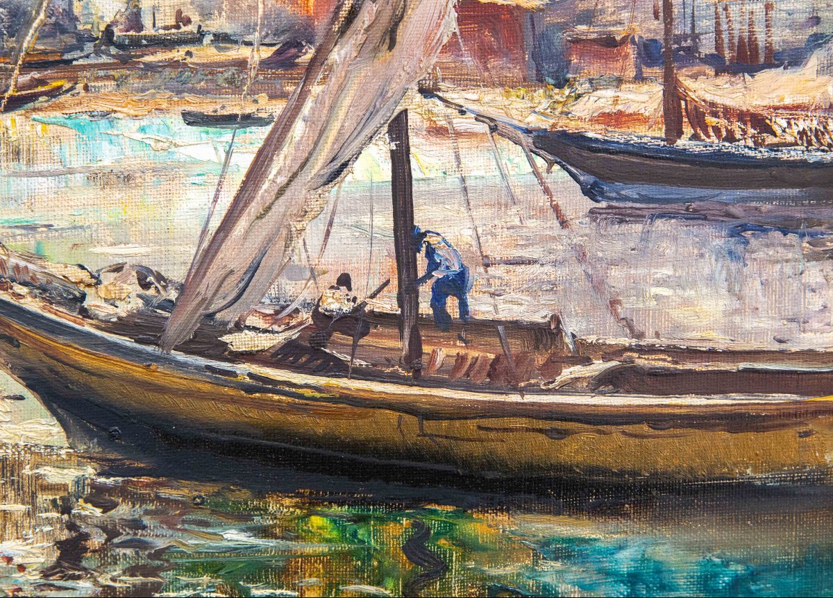 Guido Odierna, "Porto di Capri" olio su tela, firmato, Epoca '900-photo-5