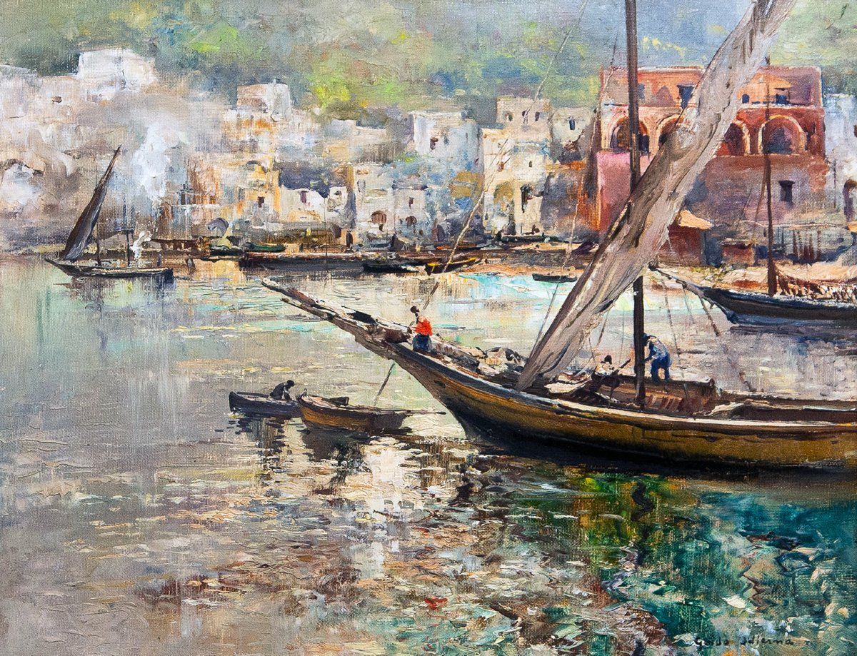 Guido Odierna, "Porto di Capri" olio su tela, firmato, Epoca '900