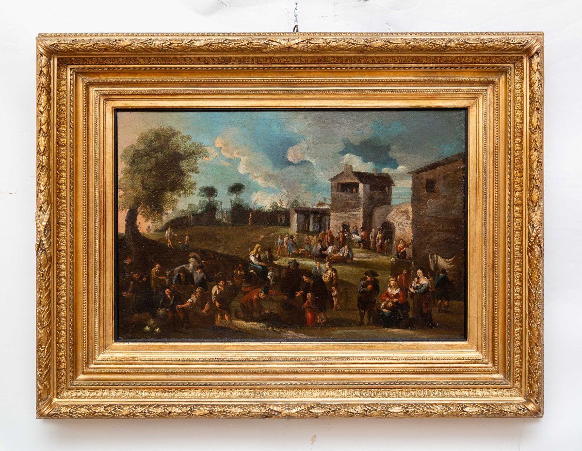 Dipinto Fiammingo, olio su tela, "Scena di Genere", XVIII Secolo-photo-2
