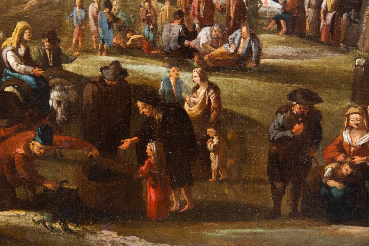 Dipinto Fiammingo, olio su tela, "Scena di Genere", XVIII Secolo-photo-5