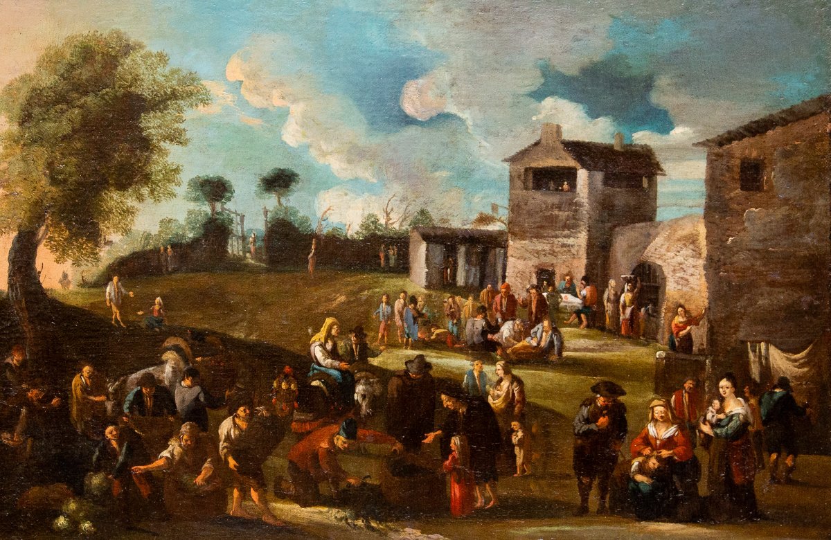 Dipinto Fiammingo, olio su tela, "Scena di Genere", XVIII Secolo