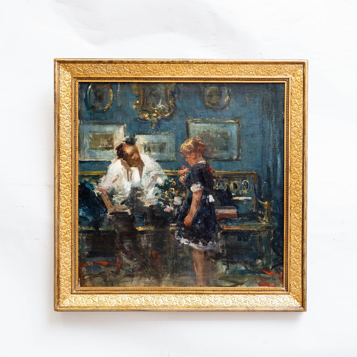 Luca Postiglione, "Scena d'interno", olio su tela, firmato Primi '900-photo-2