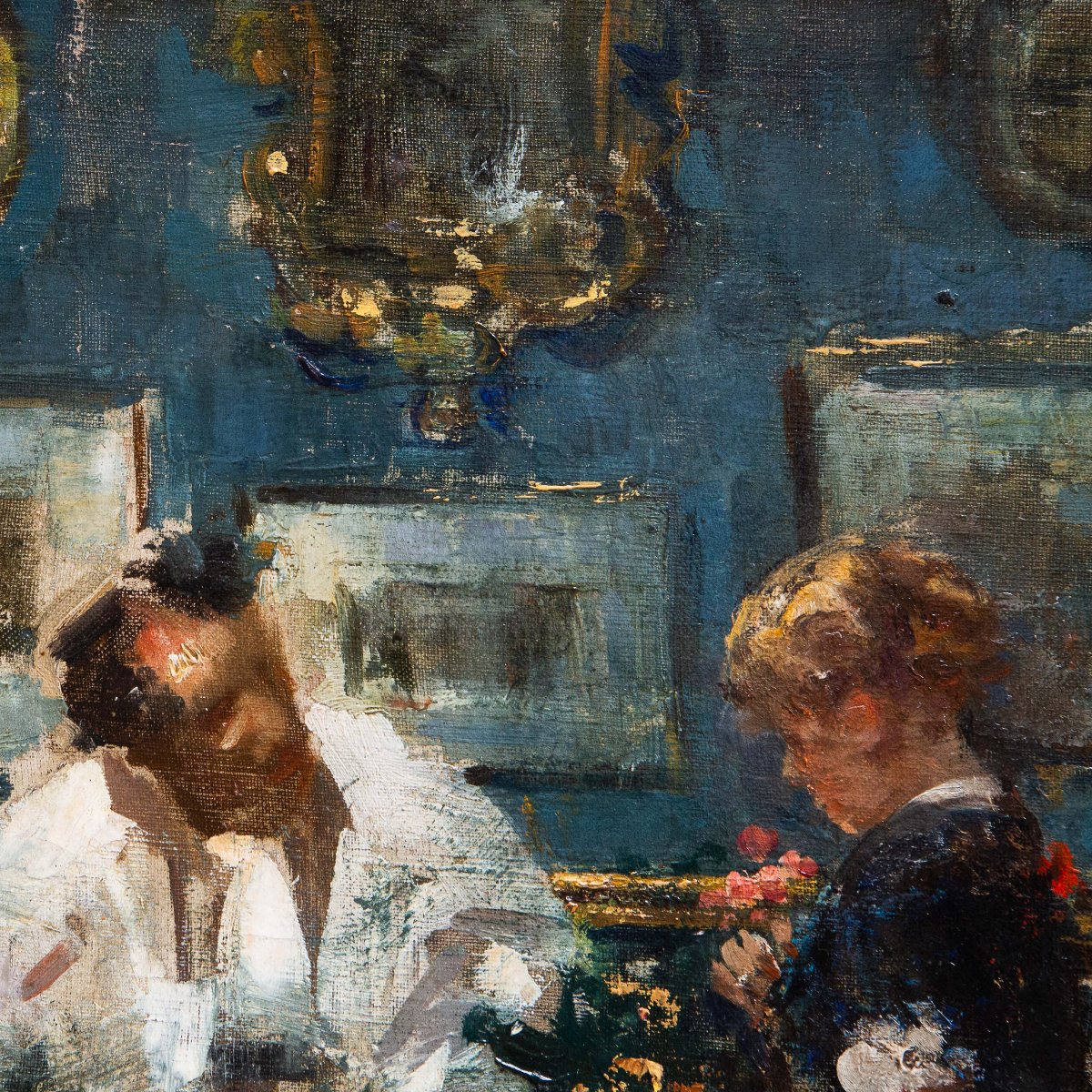 Luca Postiglione, "Scena d'interno", olio su tela, firmato Primi '900-photo-2