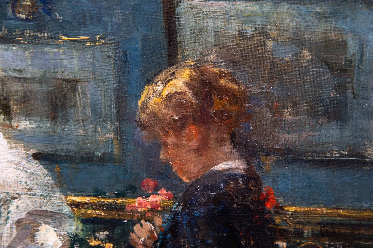 Luca Postiglione, "Scena d'interno", olio su tela, firmato Primi '900-photo-3