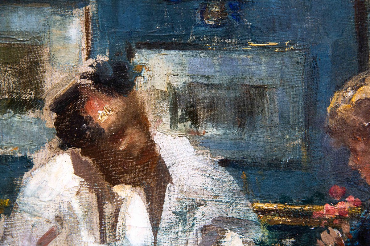Luca Postiglione, "Scena d'interno", olio su tela, firmato Primi '900-photo-4