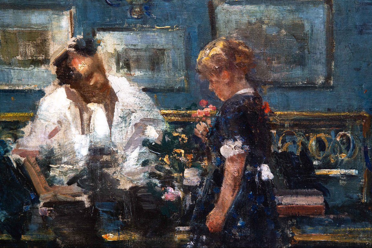 Luca Postiglione, "Scena d'interno", olio su tela, firmato Primi '900-photo-6