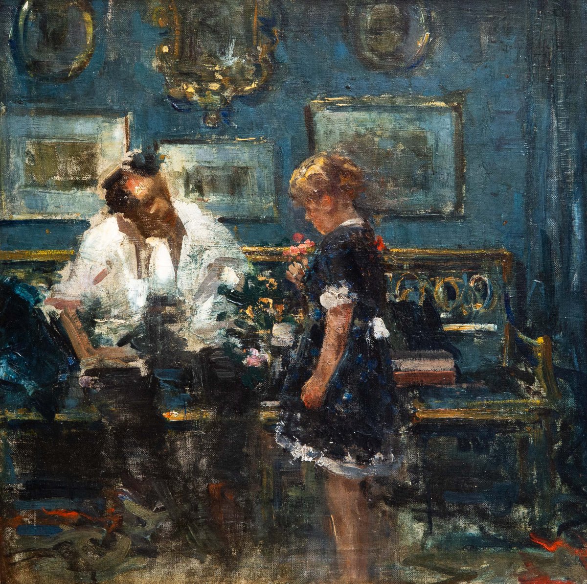 Luca Postiglione, "Scena d'interno", olio su tela, firmato Primi '900