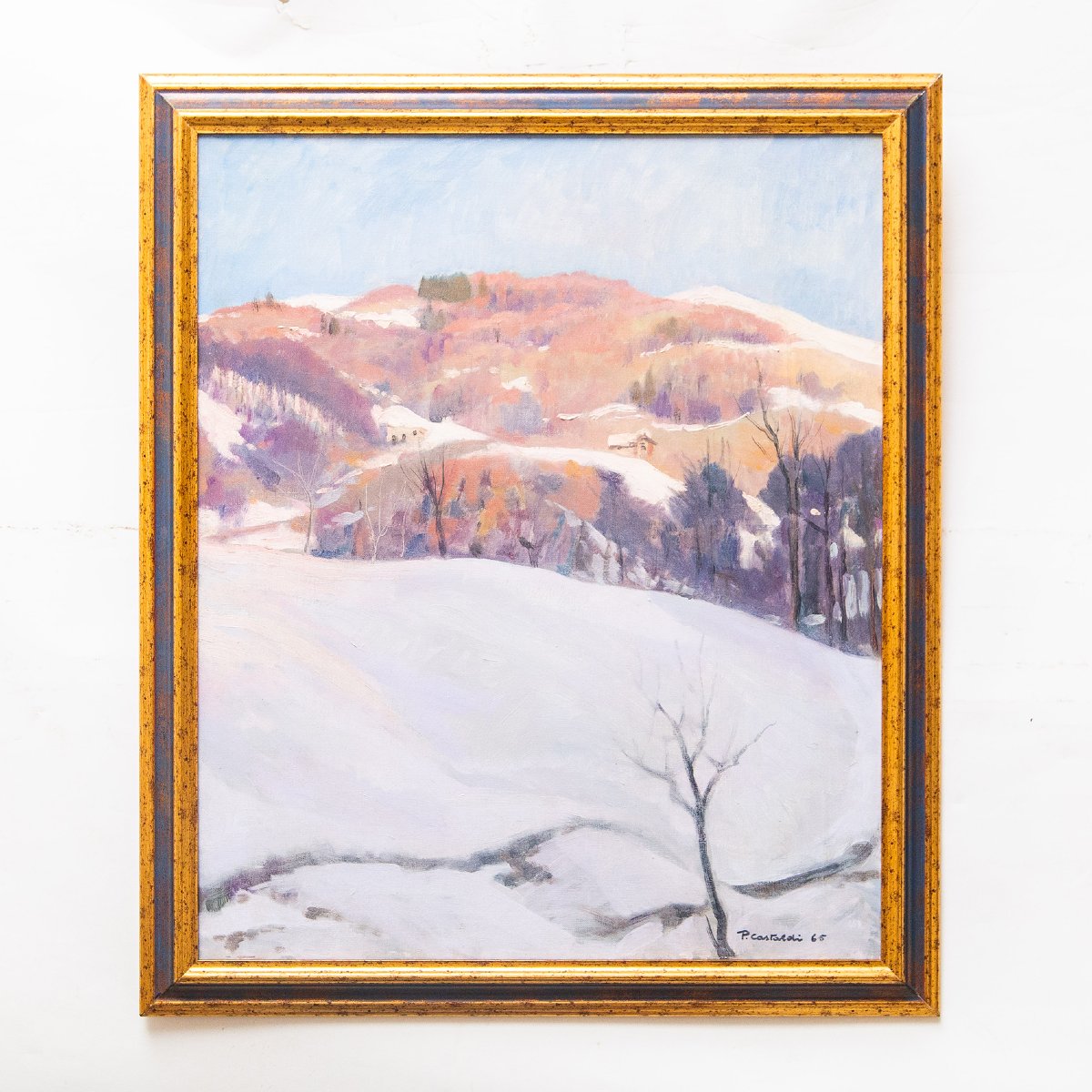 Placido Castaldi , "Baite innevate nel Biellese",  olio su tela, firmato, Anni '60-photo-2