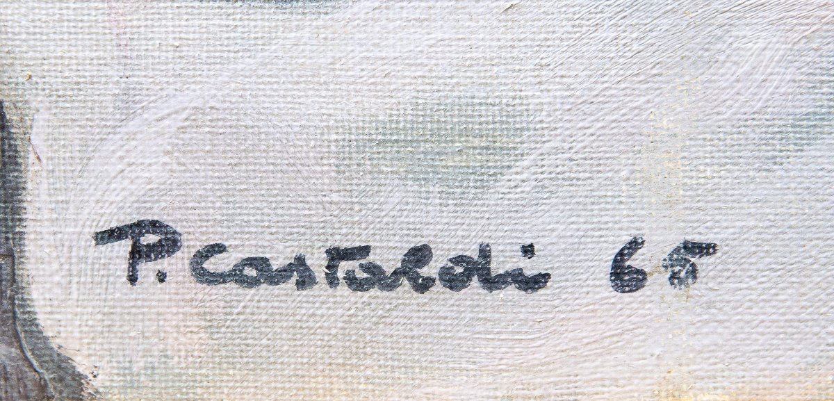 Placido Castaldi , "Baite innevate nel Biellese",  olio su tela, firmato, Anni '60-photo-3
