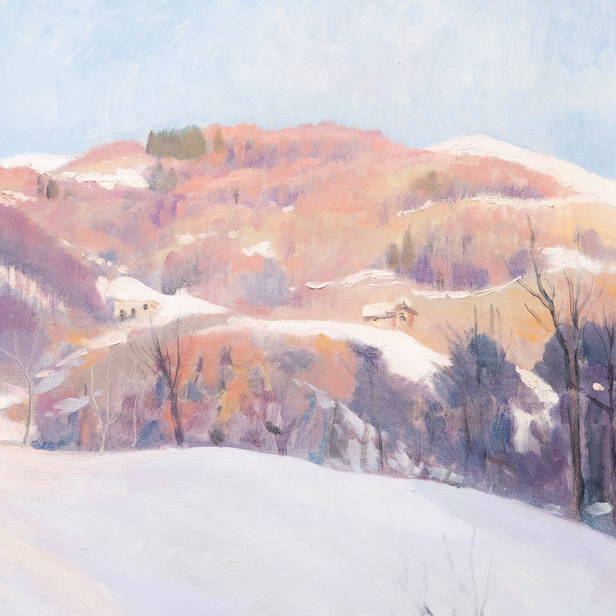 Placido Castaldi , "Baite innevate nel Biellese",  olio su tela, firmato, Anni '60-photo-4