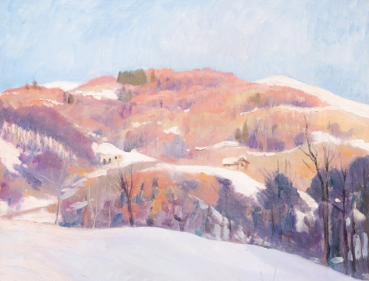 Placido Castaldi , "Baite innevate nel Biellese",  olio su tela, firmato, Anni '60-photo-1