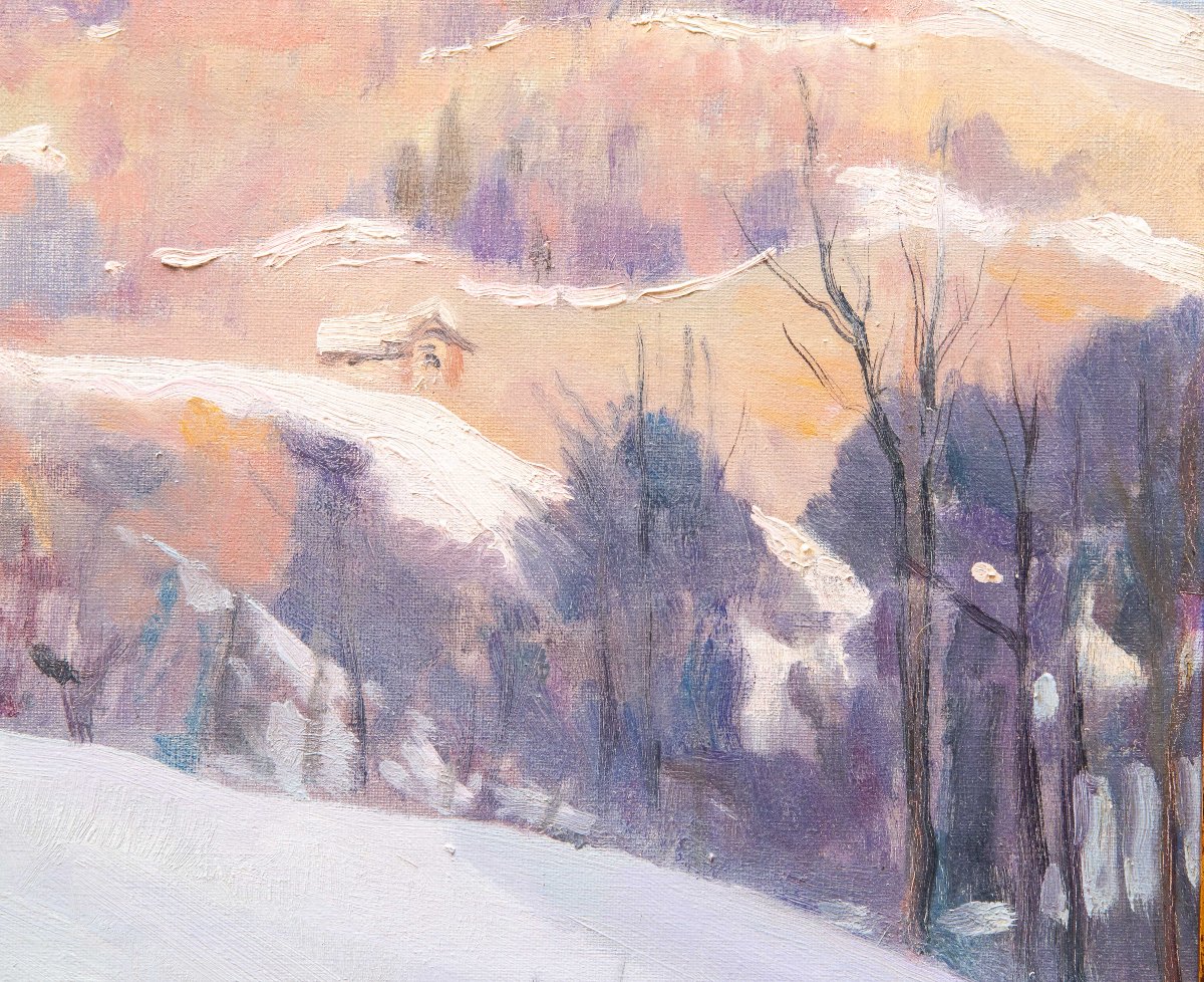 Placido Castaldi , "Baite innevate nel Biellese",  olio su tela, firmato, Anni '60-photo-2
