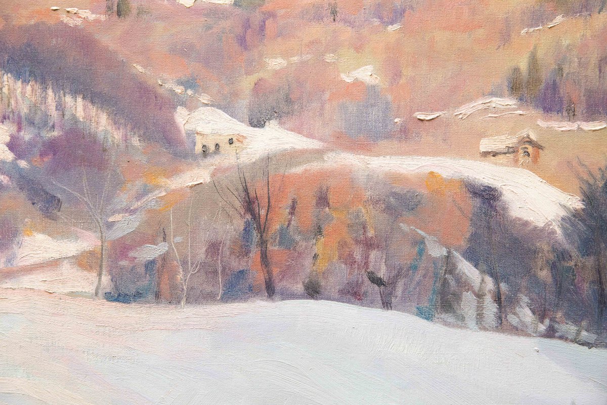 Placido Castaldi , "Baite innevate nel Biellese",  olio su tela, firmato, Anni '60-photo-3