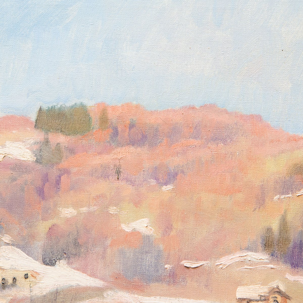 Placido Castaldi , "Baite innevate nel Biellese",  olio su tela, firmato, Anni '60-photo-5