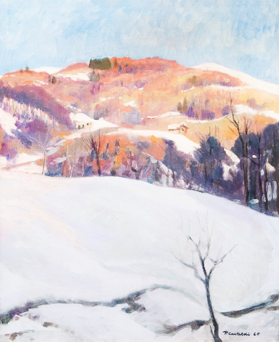 Placido Castaldi , "Baite innevate nel Biellese",  olio su tela, firmato, Anni '60