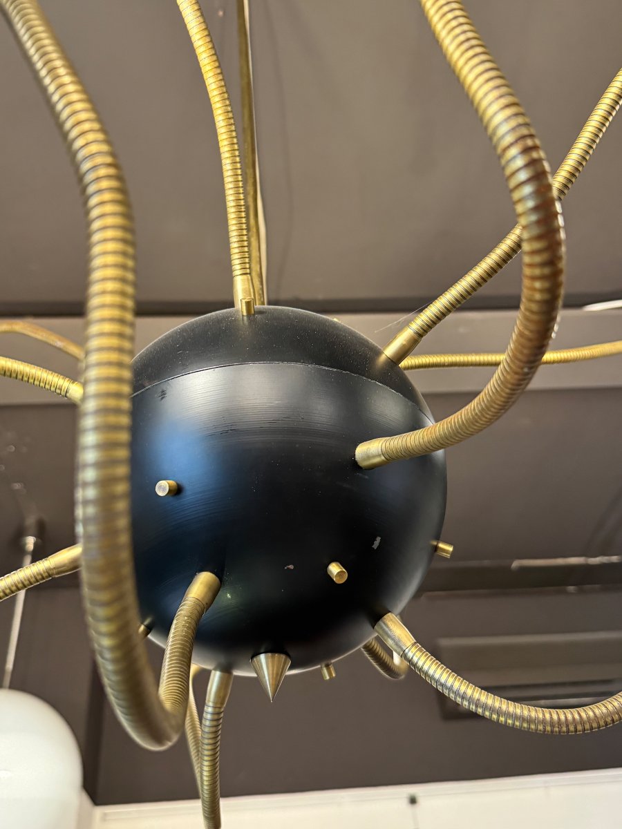 Lampadario Design, ottone e metallo laccato, Anni '50-photo-2