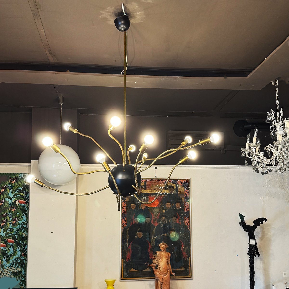 Lampadario Design, ottone e metallo laccato, Anni '50-photo-1