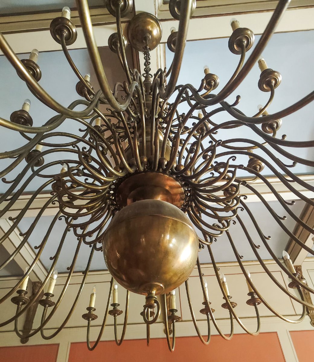Lampadario da salone in ottone, 56 Luci, Epoca Anni '30/'40-photo-4