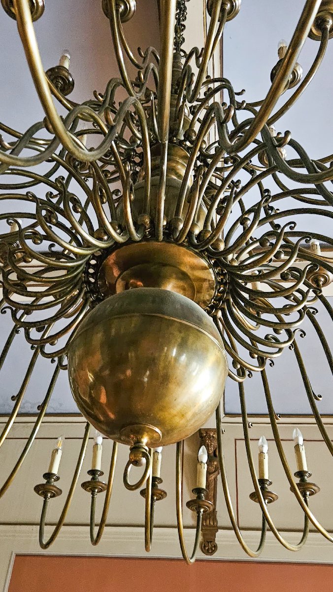 Lampadario da salone in ottone, 56 Luci, Epoca Anni '30/'40-photo-2