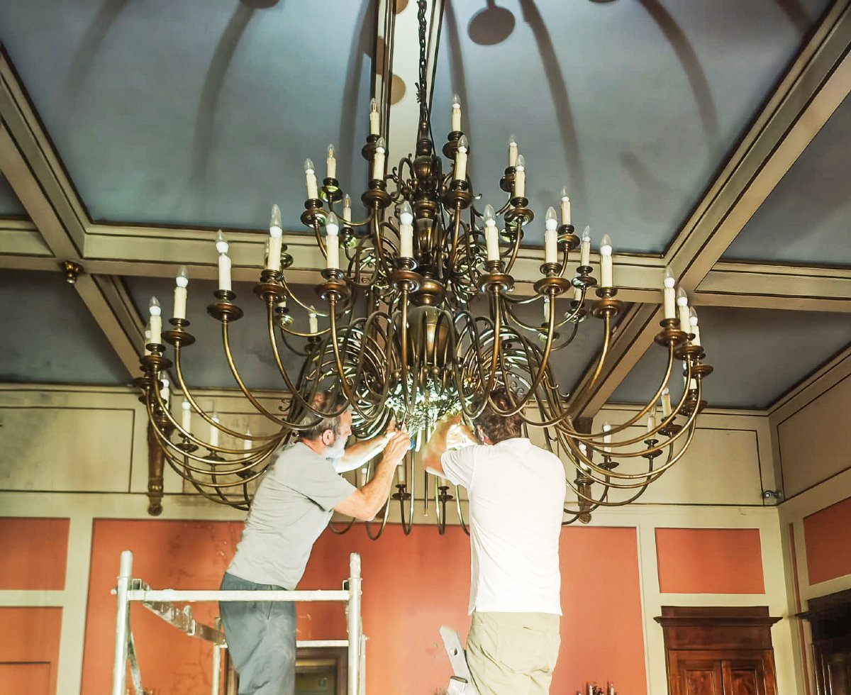 Lampadario da salone in ottone, 56 Luci, Epoca Anni '30/'40-photo-7