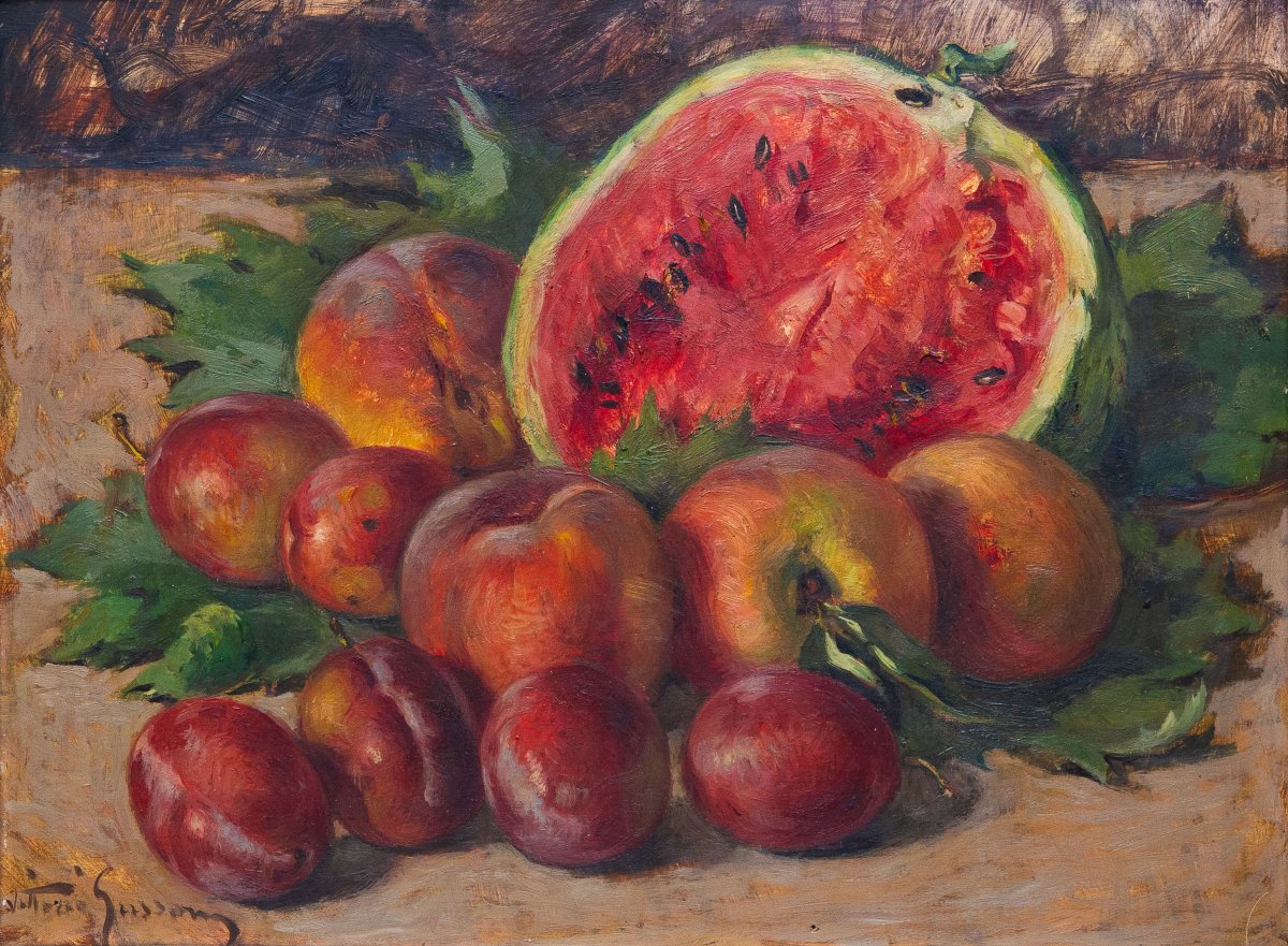 Vittorio Gussoni, "Natura Morta con frutta", olio su tavola, firmato, Epoca '900-photo-3