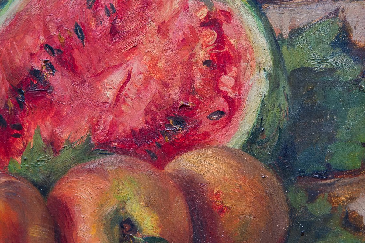 Vittorio Gussoni, "Natura Morta con frutta", olio su tavola, firmato, Epoca '900-photo-1