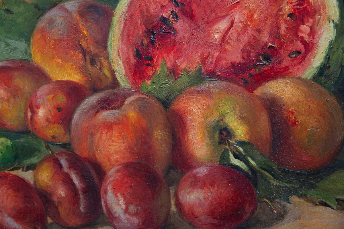 Vittorio Gussoni, "Natura Morta con frutta", olio su tavola, firmato, Epoca '900-photo-2