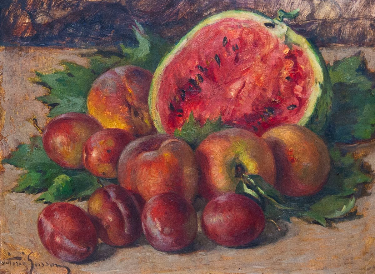 Vittorio Gussoni, "Natura Morta con frutta", olio su tavola, firmato, Epoca '900