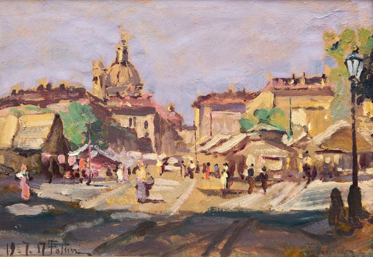 Carlo Follini, "Mercato di Torino", olio su cartone, 19.7.1917