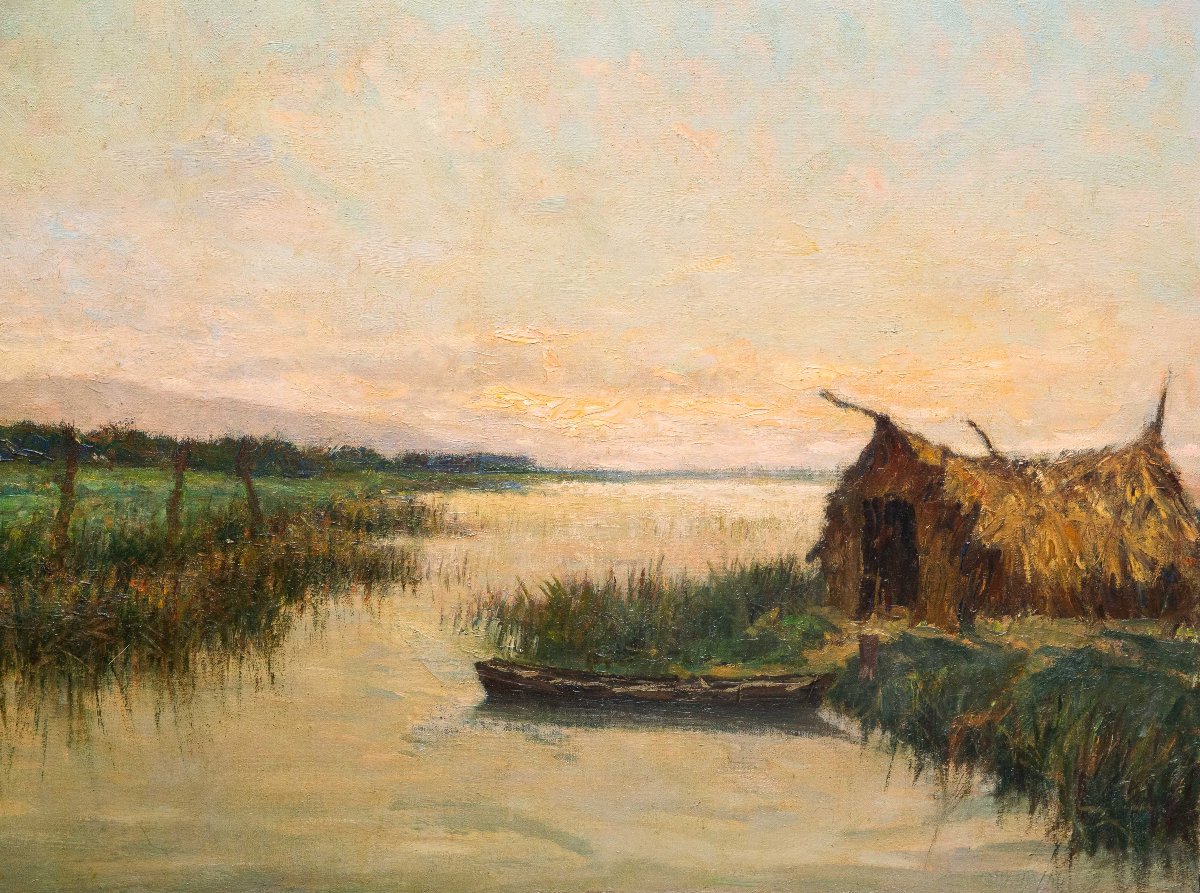 Alberto Cecconi, "Paesaggio fluviale", olio su tela, Anni '40-photo-4