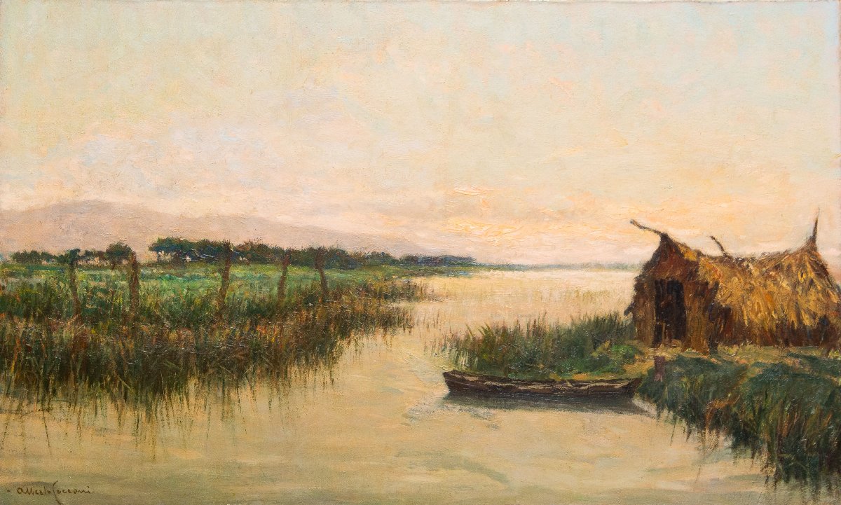 Alberto Cecconi, "Paesaggio fluviale", olio su tela, Anni '40