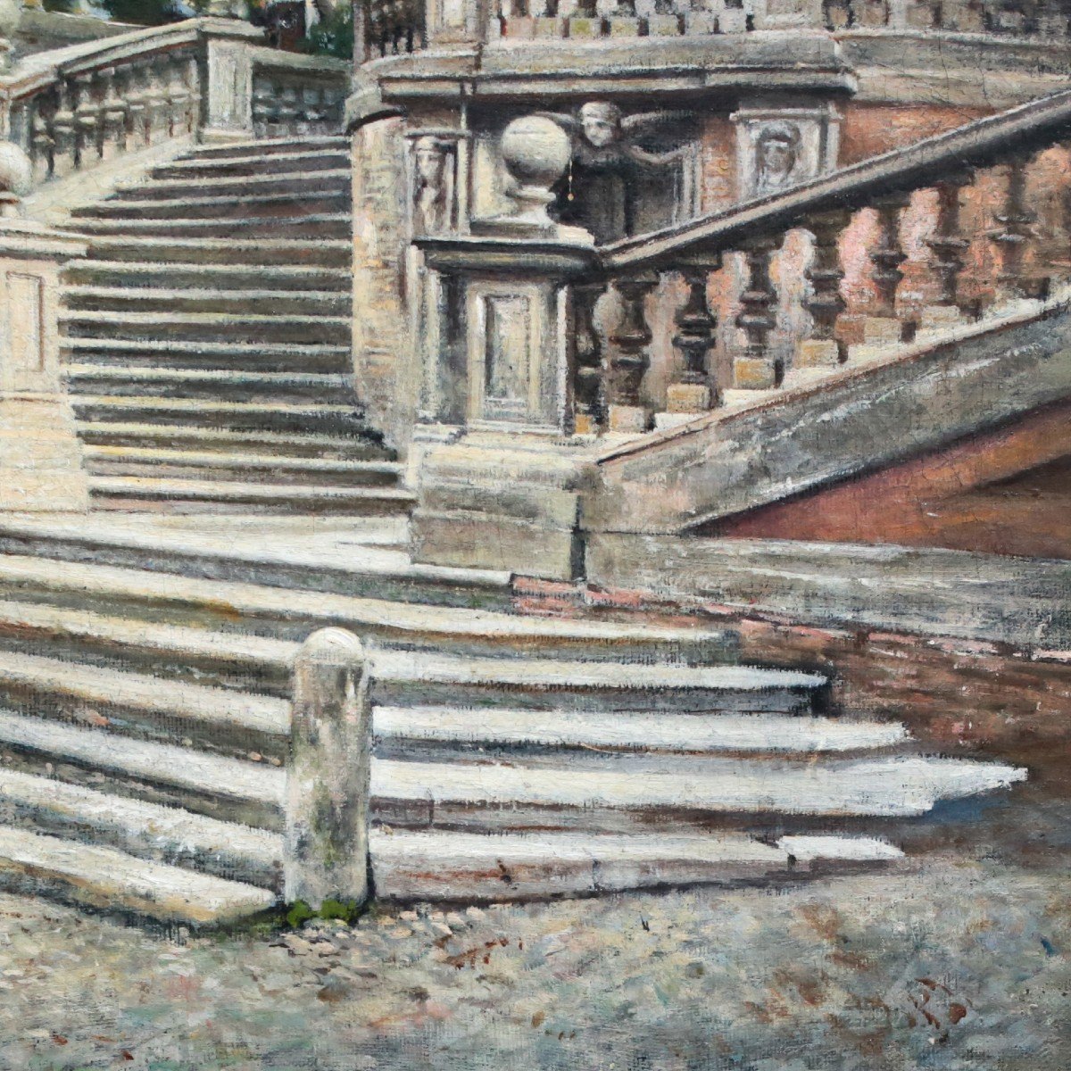 "Escalier à Rome", huile sur toile, par Pio Joris, signé en bas à gauche, fin du 19ème siècle-photo-3