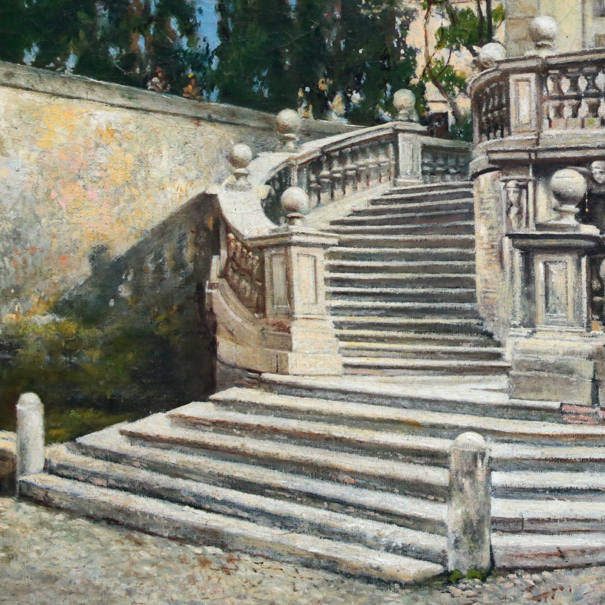 "Escalier à Rome", huile sur toile, par Pio Joris, signé en bas à gauche, fin du 19ème siècle-photo-2