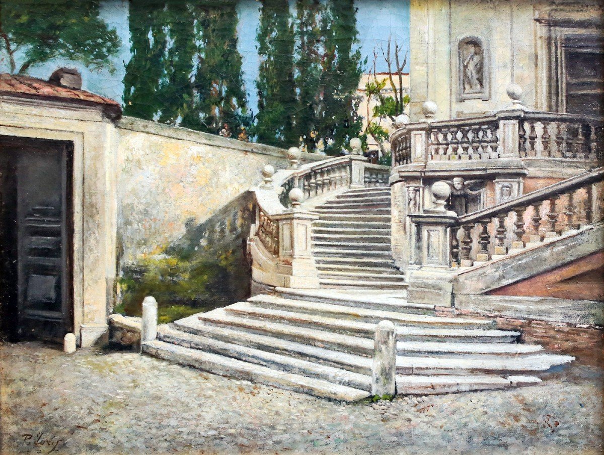 "Escalier à Rome", huile sur toile, par Pio Joris, signé en bas à gauche, fin du 19ème siècle