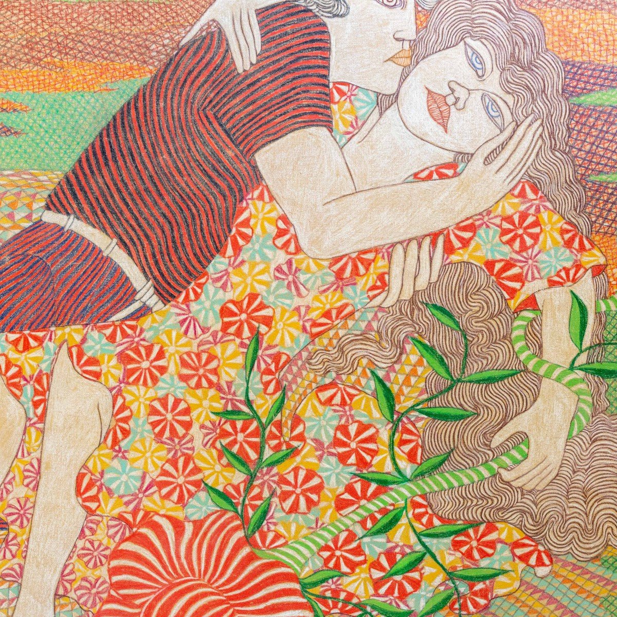 Peinture de Rocco Menzella, "The Kiss", 1984, techniques mixtes sur papier, signée -photo-2