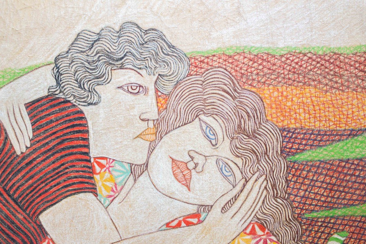 Peinture de Rocco Menzella, "The Kiss", 1984, techniques mixtes sur papier, signée -photo-4