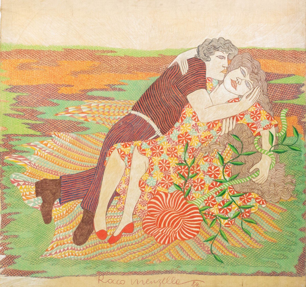 Peinture de Rocco Menzella, "The Kiss", 1984, techniques mixtes sur papier, signée 