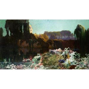 Dipinto olio su tela, "Giardino Romantico", di Enrique Serra, firmato, Fine '800