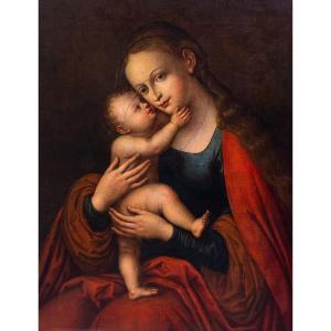 Peinture à l'huile sur toile, "Madone et Enfant", période 19ème siècle