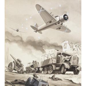 Aquarelle sur papier, par Luciano Bonacini, "I bombardamenti", signée, années 1930/40